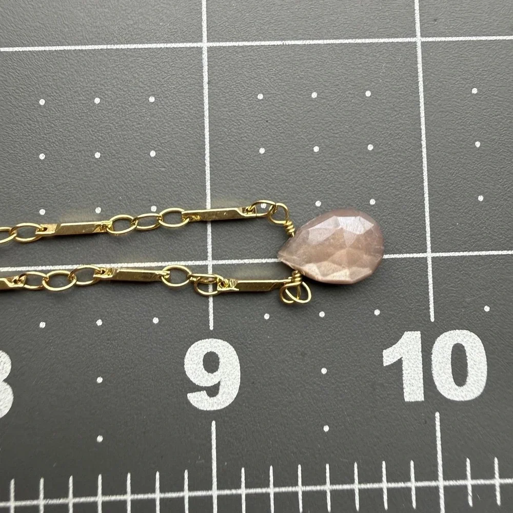 Luna Norte Boho Celestial Necklace Peach Moonstone Teardrop Gold Tone Bar Link